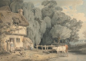 Plattelandsscène - Figuren bij een huisdeur en vee in een stroom door Francis Wheatley